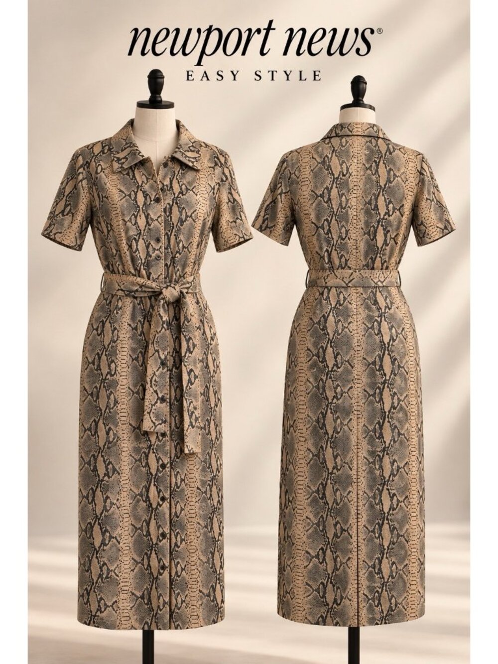 Vintage Newport News Genuine Leather Python Print Belted Midi Shirt Dress Size 6
